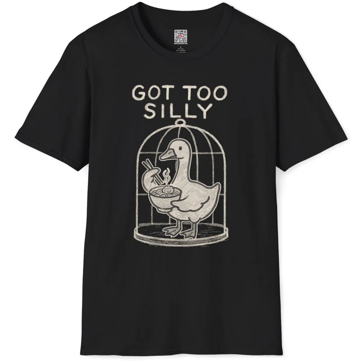 Funny doodle duck with noodles and "GOT TOO SILLY" on black t-shirt, graphic art, flatlay view.