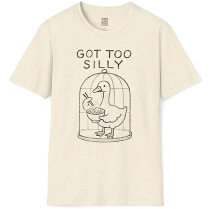 Charming sketch duck with ramen bowl and fun text design, natural colored t-shirt, flat on surface.