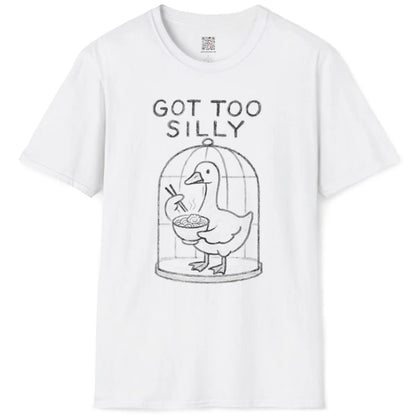 Cute cartoon duck enjoying ramen, playful line art with humorous text, white t-shirt flat and styled.