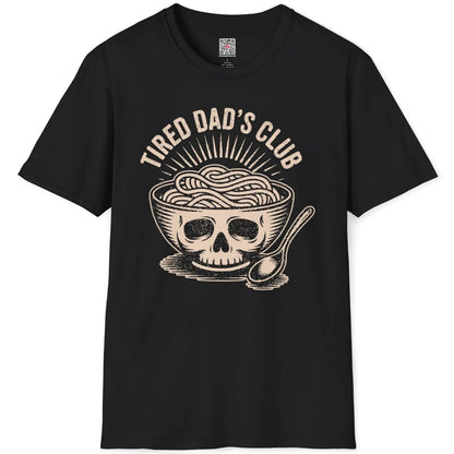 Graphic skull-shaped ramen bowl with distressed "TIRED DAD'S CLUB" text on black t-shirt flatlay.