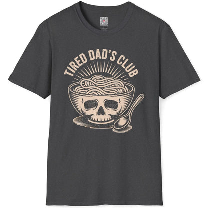 Textured ramen bowl with skull motif and radiant steam lines on dark heather shirt flatlay, vintage style.