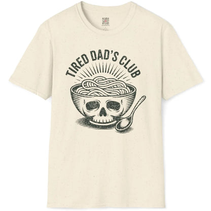 Hand-drawn skull ramen bowl with bold "TIRED DAD'S CLUB" text on natural fabric flatlay.