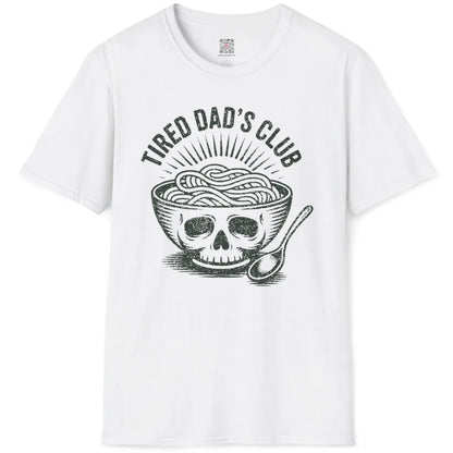 Black and white stylized ramen bowl with skull and bold vintage text on white t-shirt flatlay.