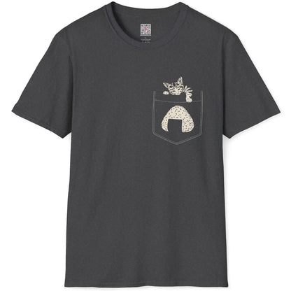 Dark heather shirt flatlay, illustrated tabby kitten and onigiri in outlined pocket, hand-drawn style.