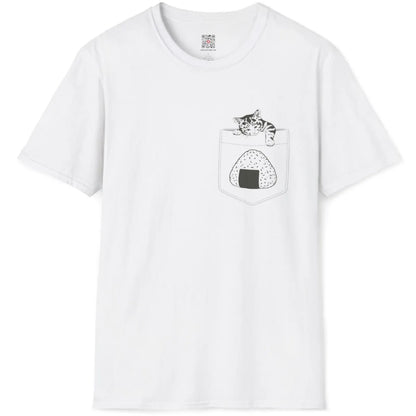 White t-shirt with playful pocket design; cartoon kitten and onigiri center front, embroidery look.