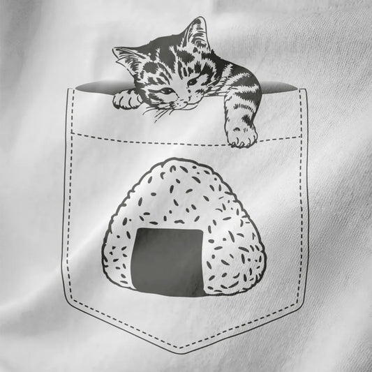 White shirt with hand-drawn tabby kitten peeking over pocket with onigiri, minimalist black line art.