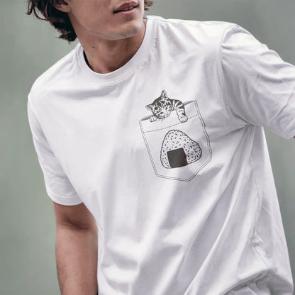 Male model wears white tee, kitten and onigiri pocket illustration, cartoon style, minimalist linework visible.