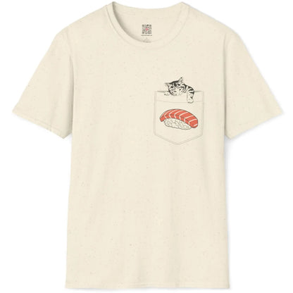 Natural fabric flatlay with playful gray kitten and bright salmon nigiri sushi nestled in outlined pocket design.