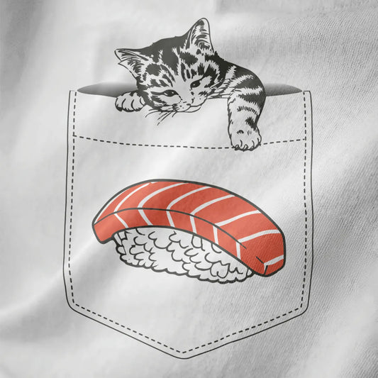 White shirt close-up shows gray striped kitten peeking from dashed pocket with vibrant salmon nigiri sushi.