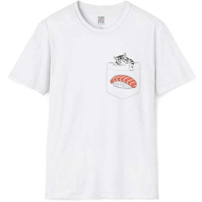 White t-shirt flatlay shows pocket design with gray kitten and bright orange salmon nigiri, embroidery look.
