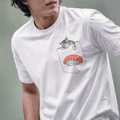 Male model wears white tee featuring cartoon gray kitten resting on pocket above colorful salmon nigiri sushi.