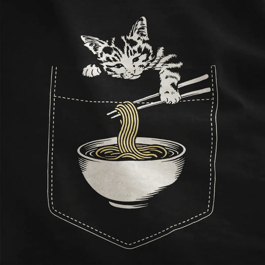 Black fabric close-up, tabby cat grips denim pocket edge and lifts yellow ramen noodles with chopsticks, line art style.