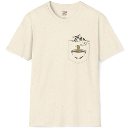 Natural shirt flatlay, expressive kitty grips stitched pocket edge, with noodles and bowl of ramen in soft color.