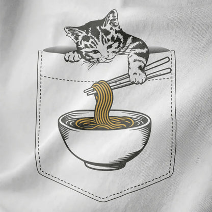 White shirt close-up of cartoon tabby cat in stitched denim pocket, lifting golden ramen noodles with chopsticks.