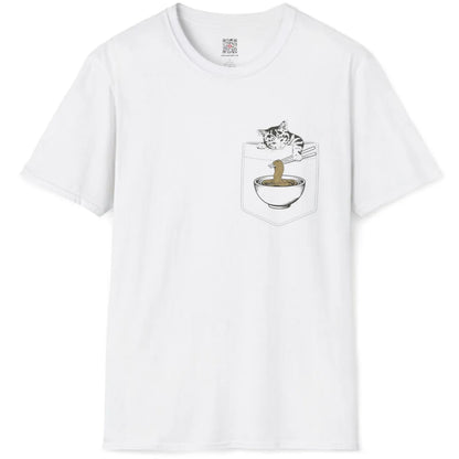 White t-shirt flatlay featuring cute striped cat using chopsticks to eat ramen from bowl in stitched pocket.