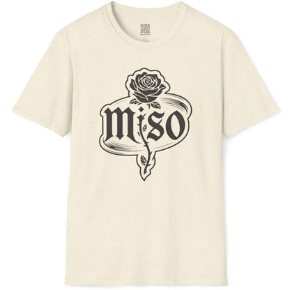 Natural t-shirt flatlay, detailed monochrome rose and distressed miso gothic font, minimalist vintage design.