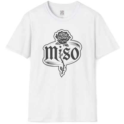 White flatlay features intricate rose drawing, gothic serif miso lettering in textured sketch frame, minimalist style.