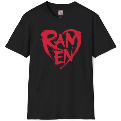 Black t-shirt flatlay showing vivid red ramen text in brushstroke heart, creative streetwear design.