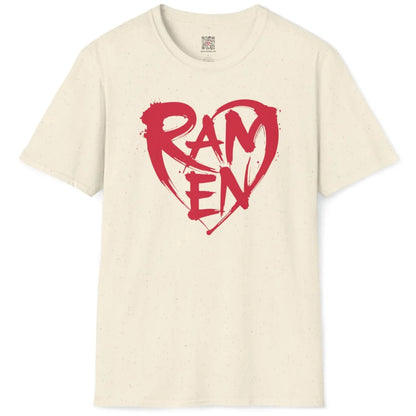 Natural t-shirt flatlay with brushstroke red "RAMEN" heart, playful street style Japanese graphic design.
