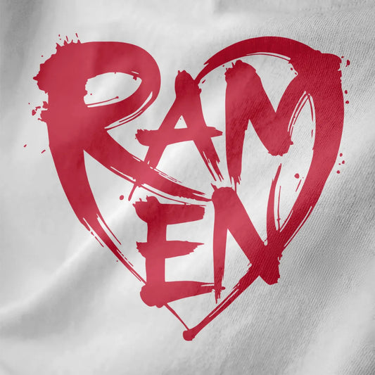 Bold red brushstroke "RAMEN" inside textured heart on white fabric, featuring paint splatter and streetwear feel.
