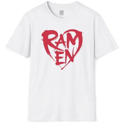 Flatlay of white t-shirt with red "RAMEN" paint splatter heart, bold text, inspired by Japanese streetwear.