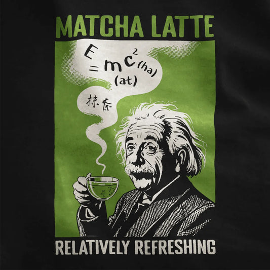 Retro black line art of Einstein with matcha latte on black fabric, vintage font, creative matcha shirt.