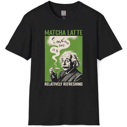 Flatlay black t-shirt featuring bold Einstein figure with matcha latte, vintage poster font, contrast art.