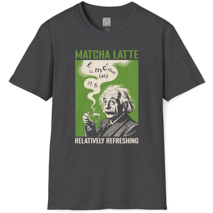 Flatlay dark heather shirt with line art Einstein, matcha, and halftone green poster background, retro style.