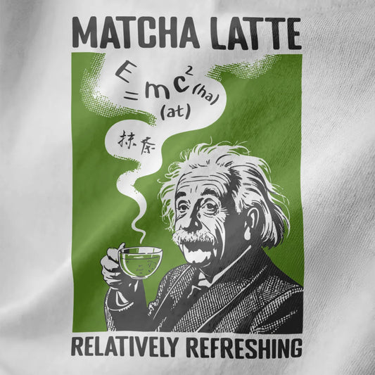 Retro black line art of Einstein holding matcha latte on white fabric, bold text, playful scientific theme.