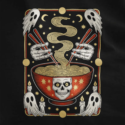Red bowl of ramen, skeleton hands, and cartoon ghosts on black fabric, spooky halloween streetwear.