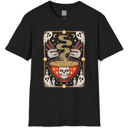 Flatlay black t-shirt featuring skeleton hands, red ramen bowl, ghosts, and yellow stars in a spooky scene.