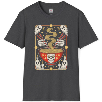 Flatlay dark heather shirt, skeleton hands lifting ramen from red bowl with ghosts, halloween street style.