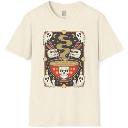 Flatlay natural shirt, cartoon ghosts, skull ramen bowl, skeleton chopsticks, playful spooky design.