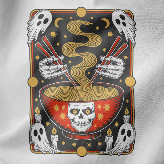 Red bowl of ramen with skull, skeleton hands, and ghosts on white fabric, halloween and celestial art.