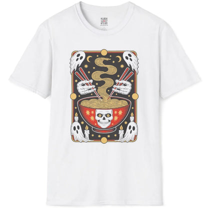 Flatlay white t-shirt with skeleton hands holding ramen, ghostly figures, skull bowl, celestial accents.