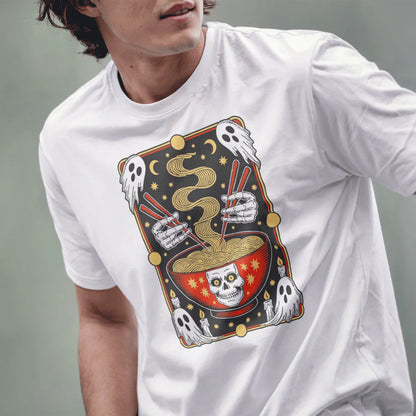 Male model in white shirt with ramen bowl, skull motif, and floating ghosts, bold whimsical gothic design.