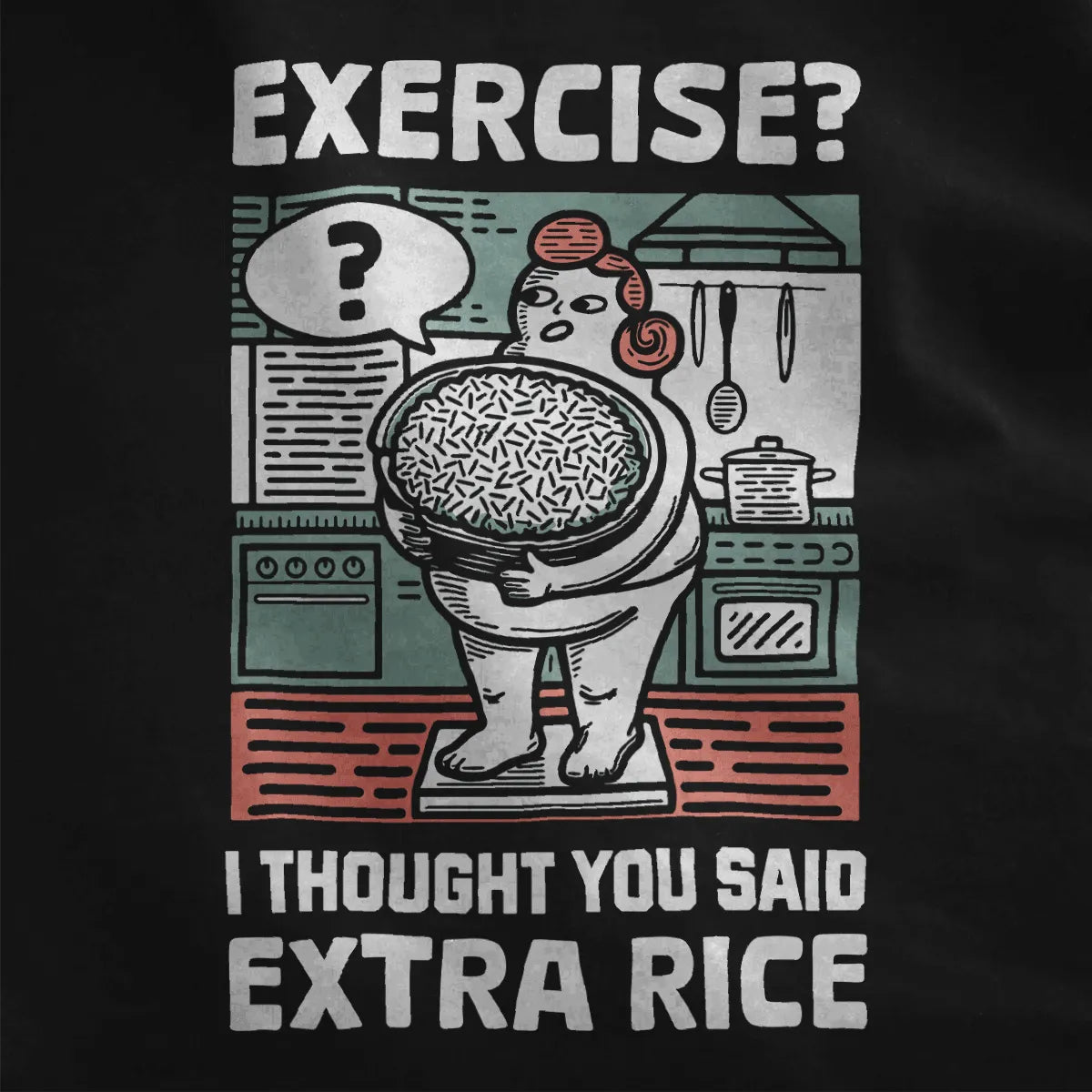 Closeup black fabric, kitchen scene with rice bowl and playful character, humorous quote, bold text fonts.
