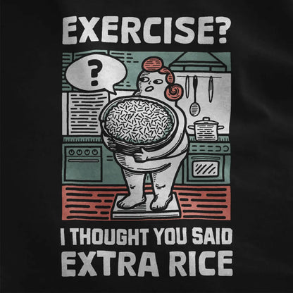 Closeup black fabric, kitchen scene with rice bowl and playful character, humorous quote, bold text fonts.