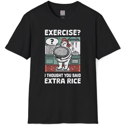 Black flatlay t-shirt, kitchen scene with character and rice bowl, funny shirts with sayings, cultural blend.