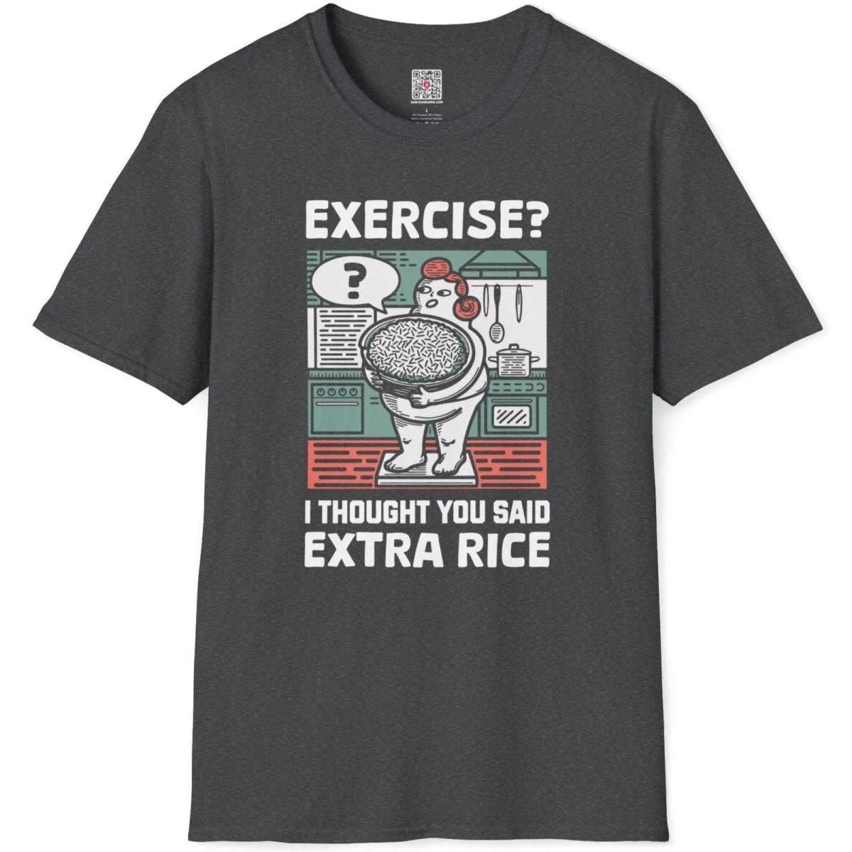 Dark heather flatlay t-shirt, playful kitchen illustration, exercise pun, fusion cuisine.