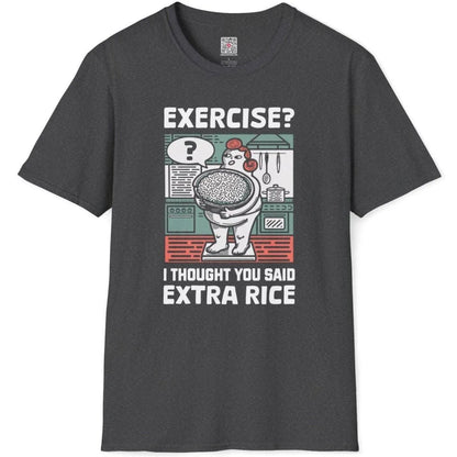 Dark heather flatlay t-shirt, playful kitchen illustration, exercise pun, fusion cuisine.