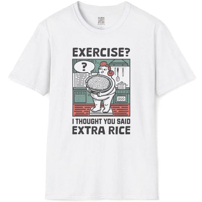White flatlay t-shirt, “extra rice” kitchen pun, bold text, japanese t-shirts, positive messaging.