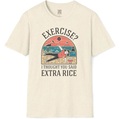 Natural shirt flatlay featuring playful rice bowl character, bold text fonts, and serene scenery.
