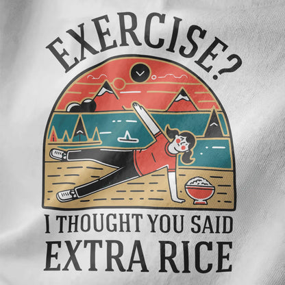 Close-up of vibrant side plank rice bowl design on white shirt, with bold text and mountain landscape.