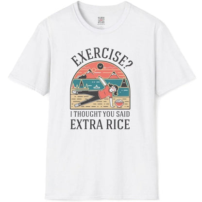 White flatlay t-shirt showing serene landscape, playful character with rice bowl, and humorous quote.