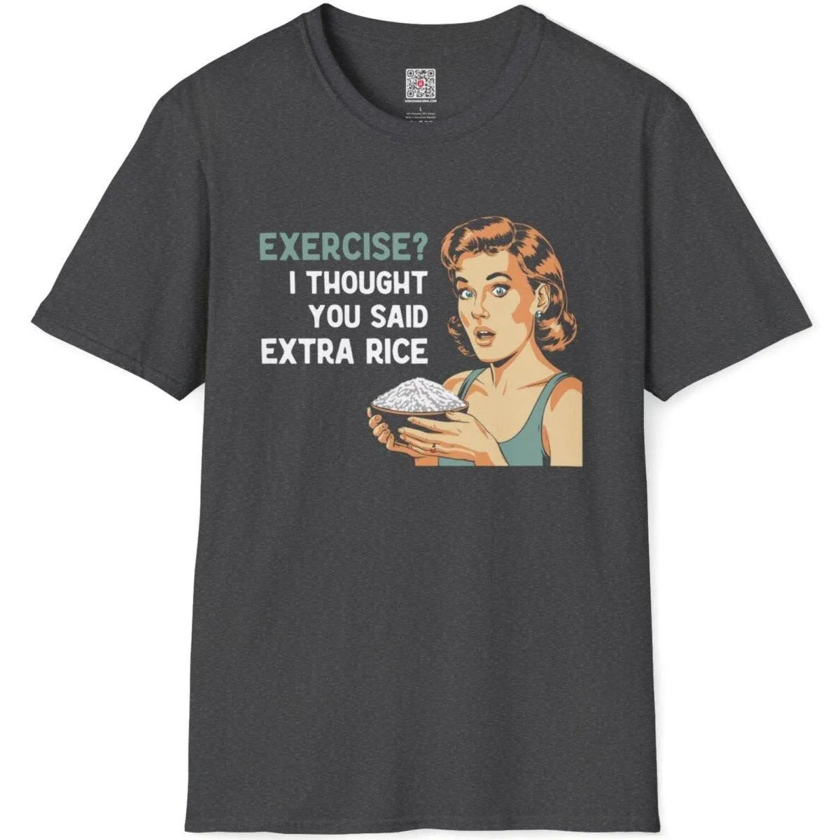Dark heather t-shirt flatlay with vintage rice bowl woman and bold exercise pun, retro design, contrast in colors.