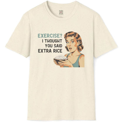 Natural t-shirt flatlay with retro woman holding rice bowl and bold text, japanese t-shirts, vintage aesthetic.