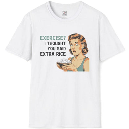 White t-shirt flatlay with retro rice bowl woman and playful exercise pun, japanese t-shirts, humorous quote.
