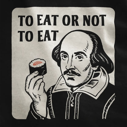 Monochrome Shakespeare woodcut portrait holding sushi on black fabric, bold text, literary humor fusion.