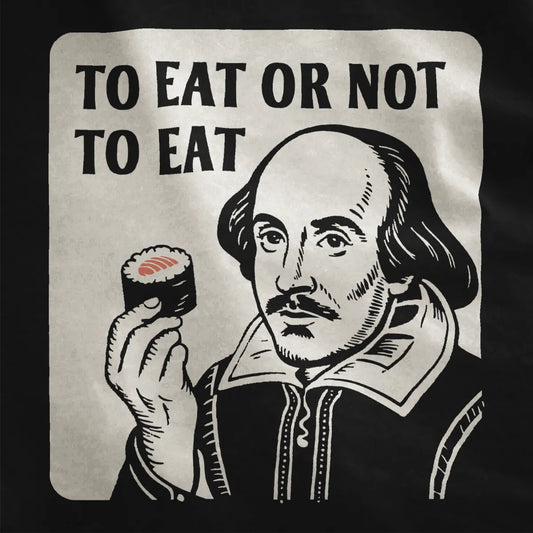 Monochrome Shakespeare woodcut portrait holding sushi on black fabric, bold text, literary humor fusion.
